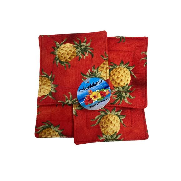 Mailelani's Hawaiian Coasters Red Gold Pineapple Print Green Quilted Vintage - Picture 7 of 9